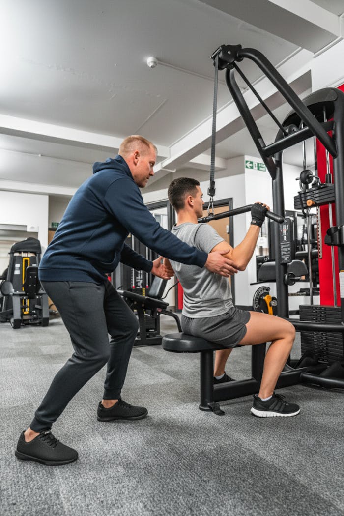about-us A personal trainer guides a client during a gym workout, focusing on strength training using a machine.